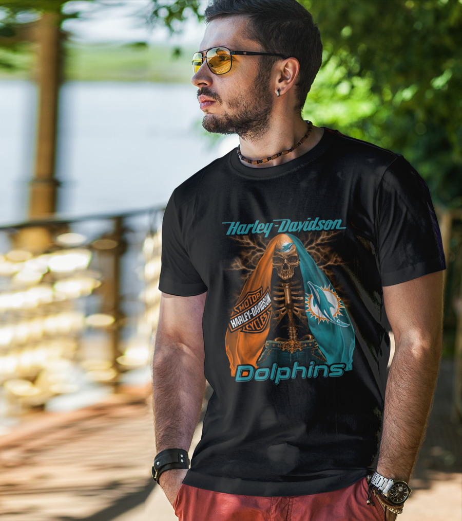 Harley Davidson Miami Dolphins Skeleton Motorcycles T-Shirt