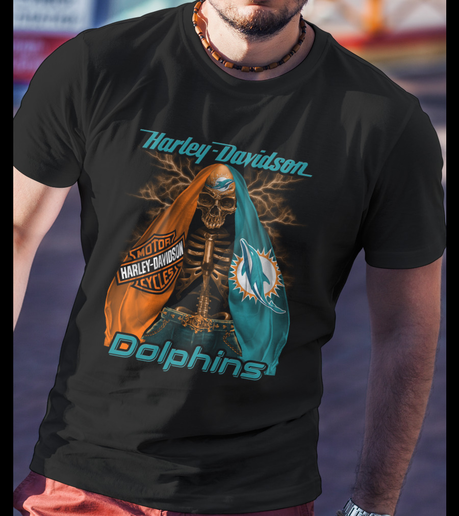 Harley Davidson Miami Dolphins Skeleton Motorcycles T-Shirt