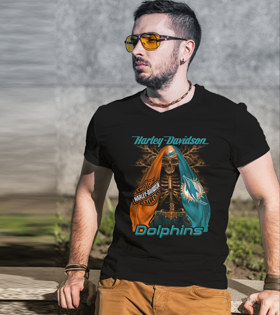 Harley Davidson Miami Dolphins Skeleton Motorcycles T-Shirt