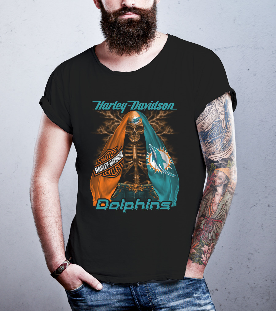 Harley Davidson Miami Dolphins Skeleton Motorcycles T-Shirt