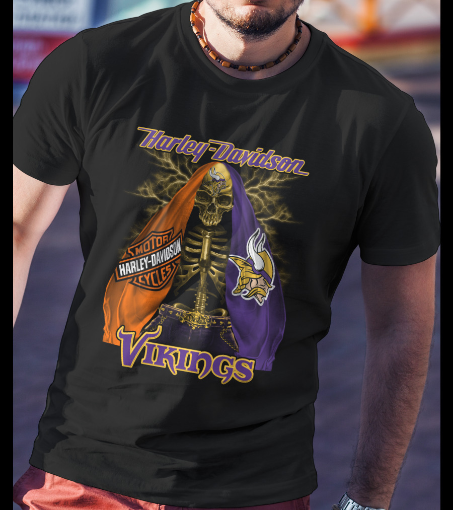 Harley Davidson Minnesota Vikings Motorcycle Skeleton T-Shirt