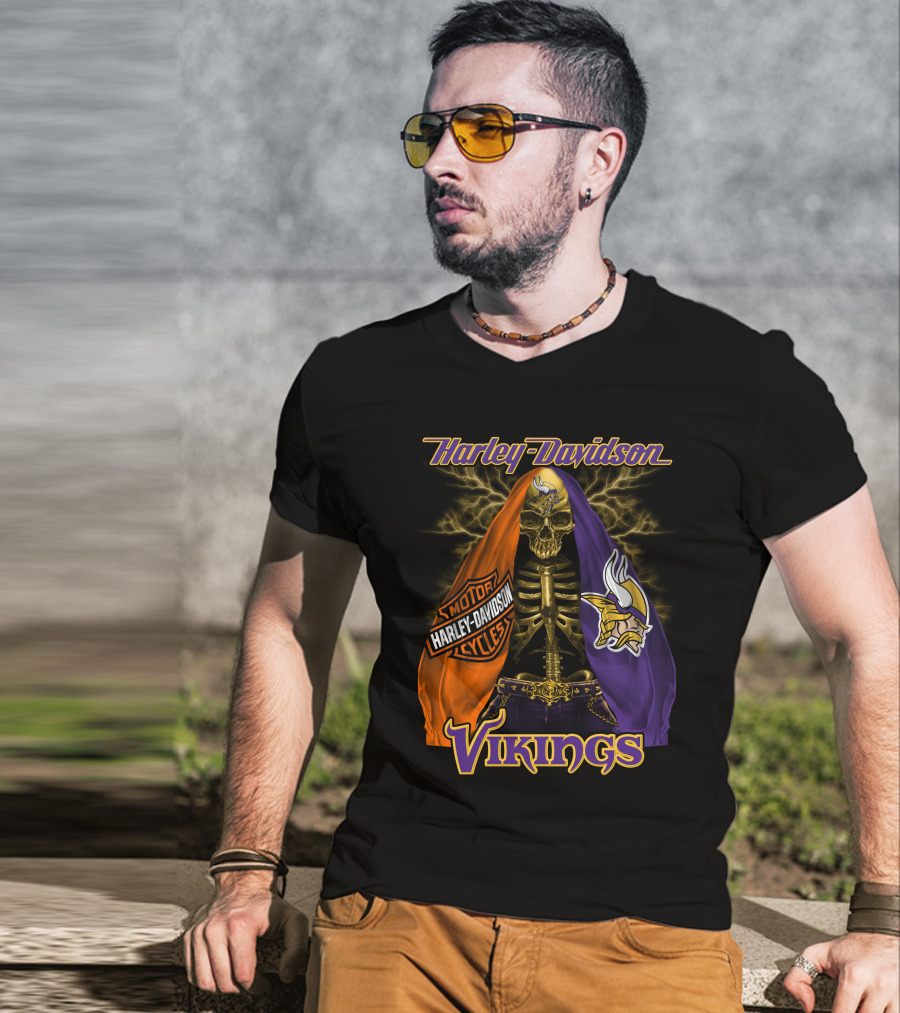 Harley Davidson Minnesota Vikings Motorcycle Skeleton T-Shirt