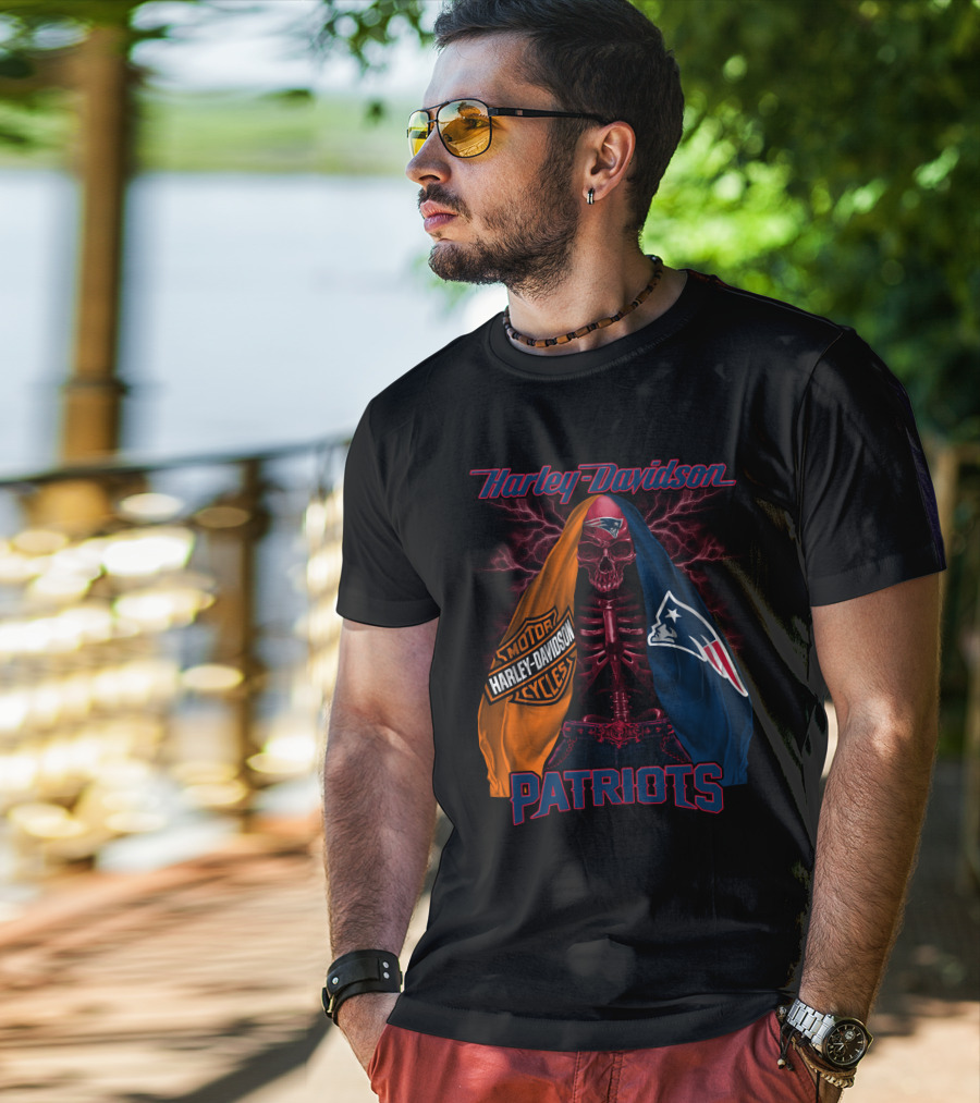 Harley Davidson New England Patriots Skull Logo Collaboration T-Shirt