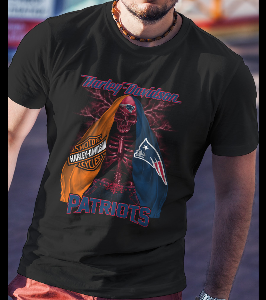 Harley Davidson New England Patriots Skull Logo Collaboration T-Shirt