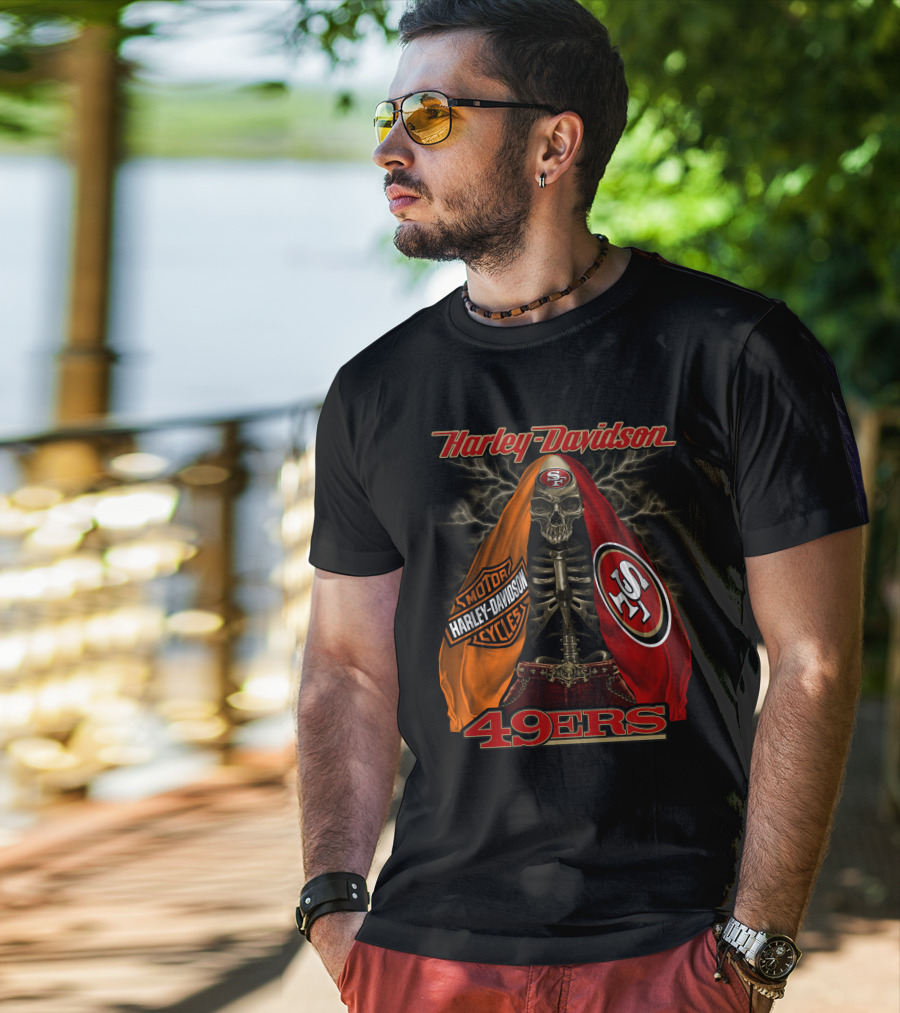 Harley Davidson San Francisco 49ers Skeleton With Motorcycles And S T-Shirt