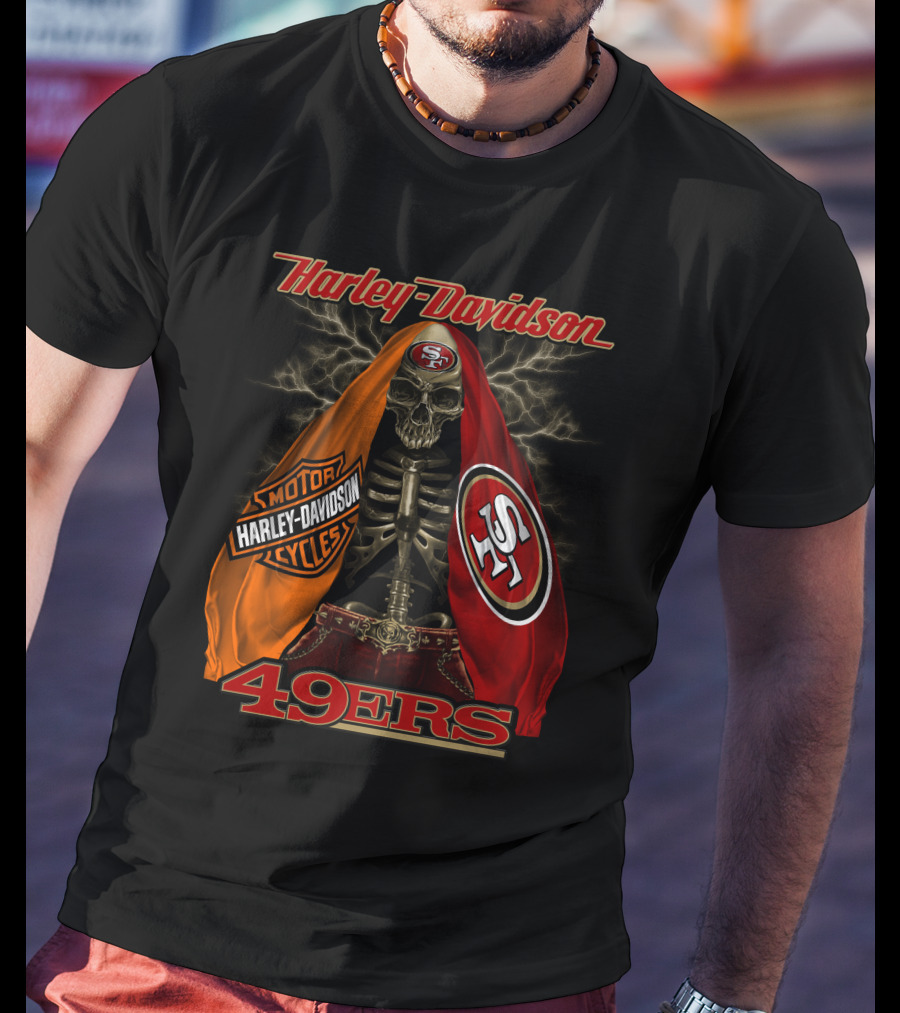 Harley Davidson San Francisco 49ers Skeleton With Motorcycles And S T-Shirt