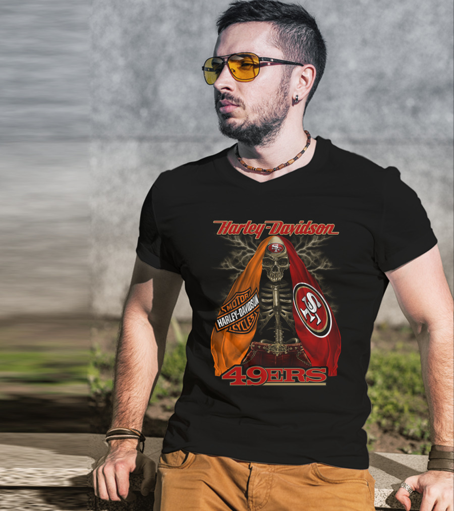 Harley Davidson San Francisco 49ers Skeleton With Motorcycles And S T-Shirt