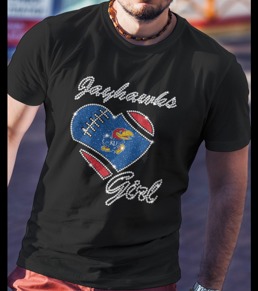 Jayhawks Girl Heart Ku Football T-Shirt