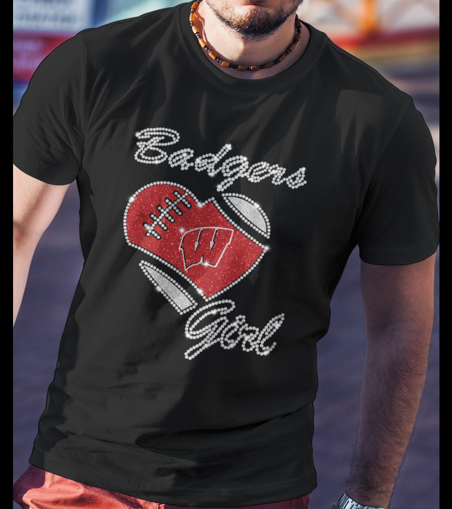 Badgers Girl Wisconsin Football Heart Rhinestone T-Shirt