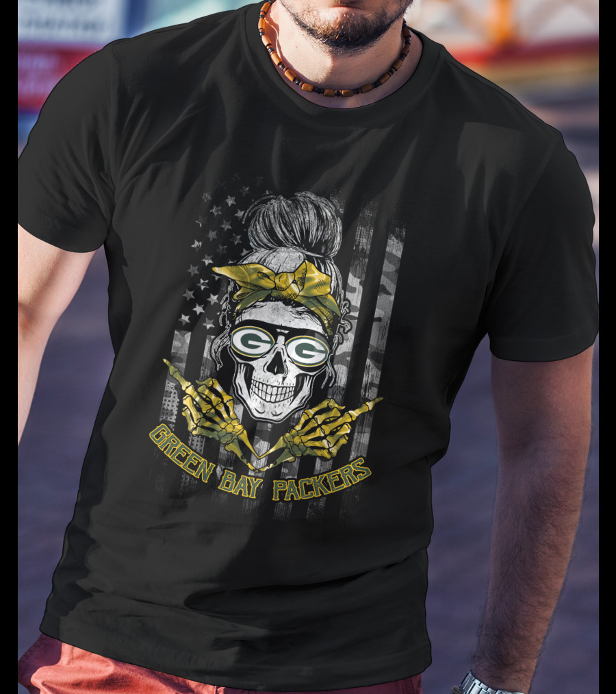 Green Bay Packers Skull Girl American Flag Yellow Bandana T-Shirt