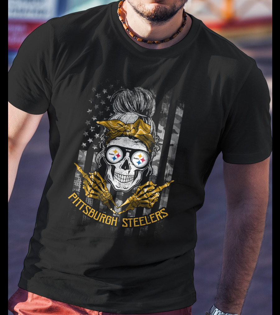Pittsburgh Steelers Skull Girl Skeleton Bandana Football Fan American Flag T-Shirt