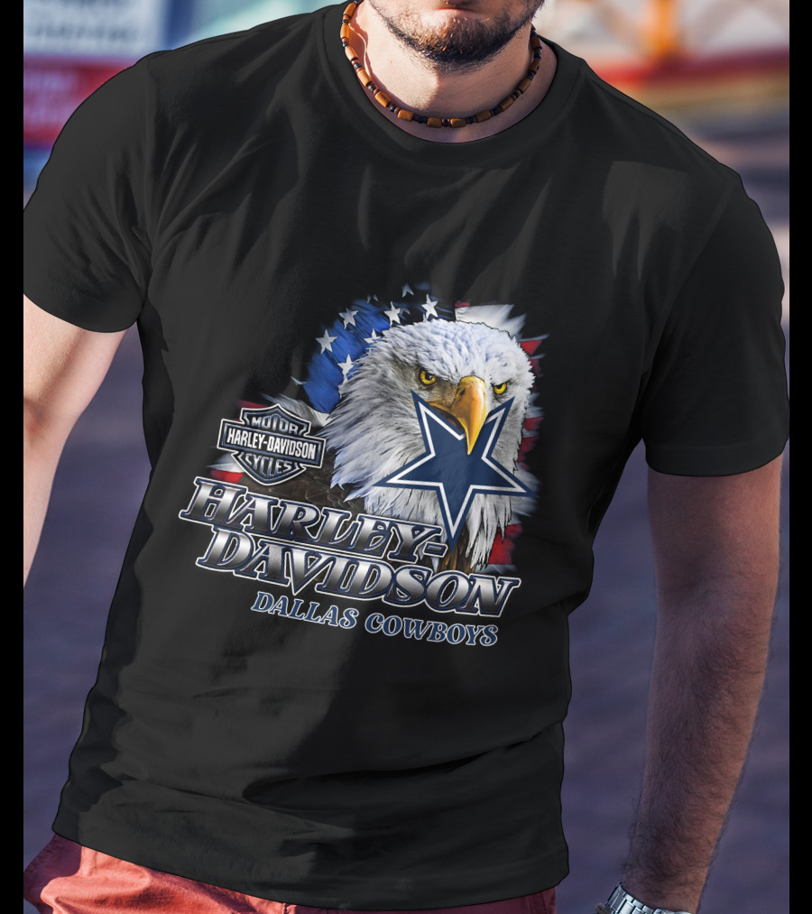 Harley Davidson Dallas Cowboys Motor Cycles Eagle Flag Star T-Shirt