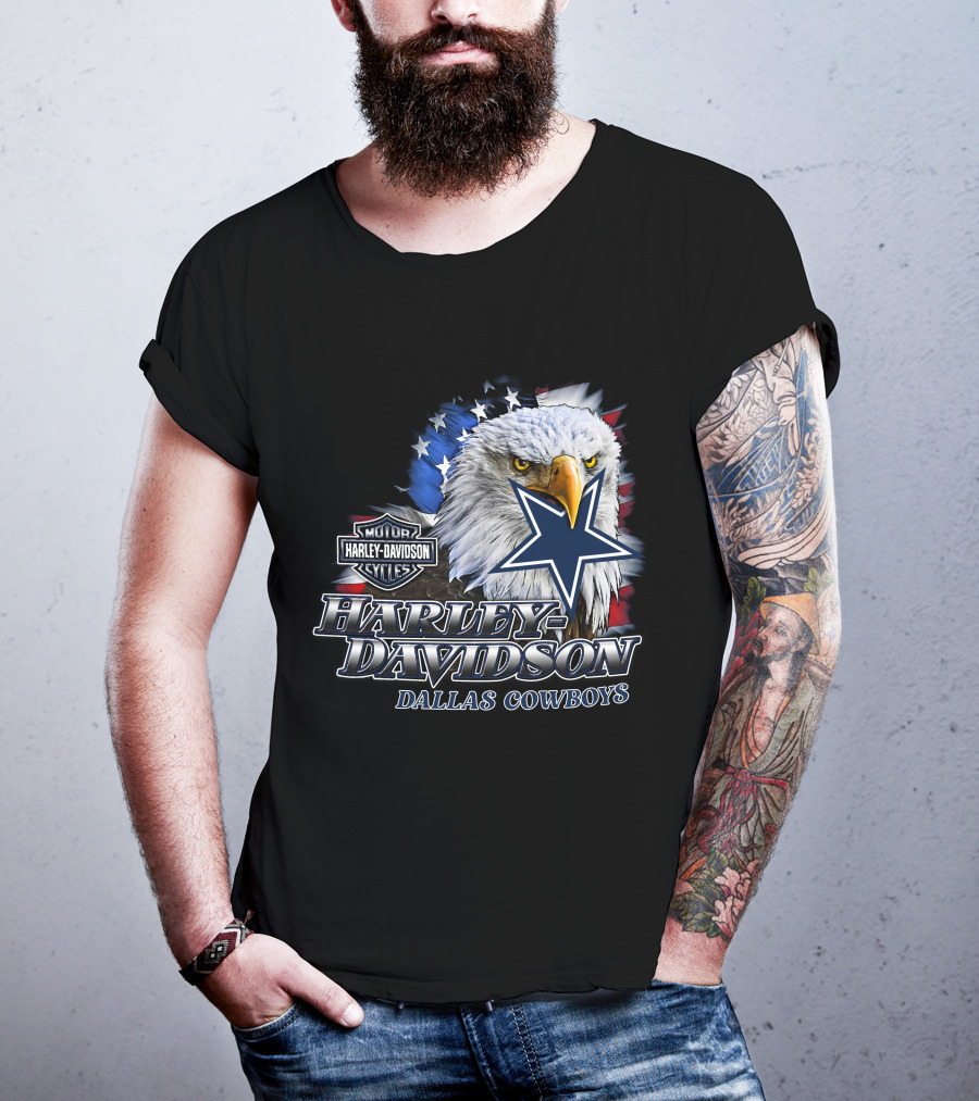 Harley Davidson Dallas Cowboys Motor Cycles Eagle Flag Star T-Shirt