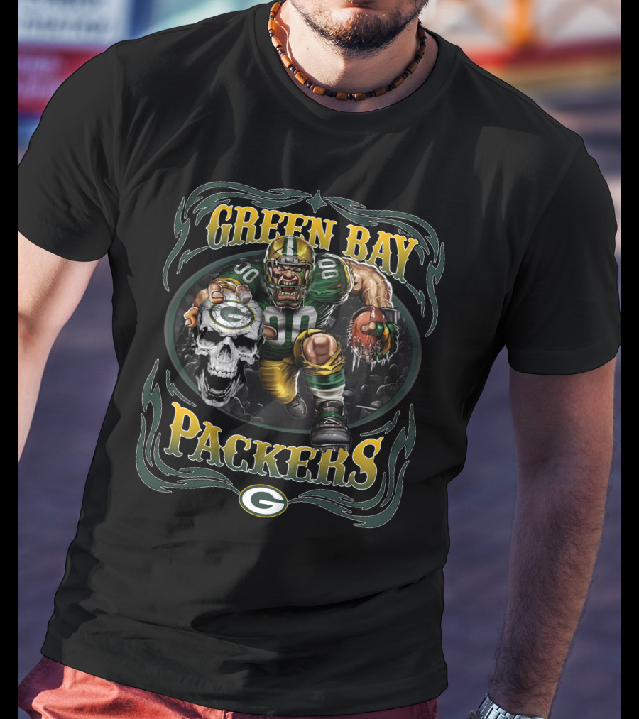 Green Bay Packers Fierce Football Warrior With Skull And Helmet T-Shirt