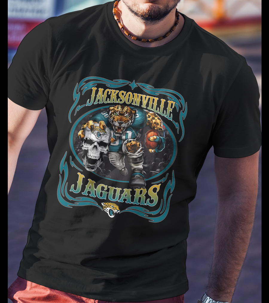 Jacksonville Jaguars Fierce Mascot And Skull Art With Teal Flames T-Shirt