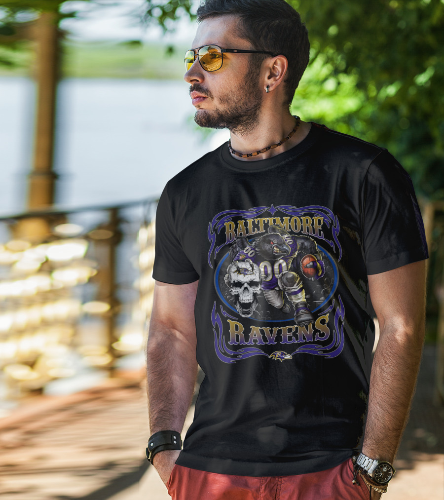 Baltimore Ravens Fierce Skull And Raven Player With Football T-Shirt
