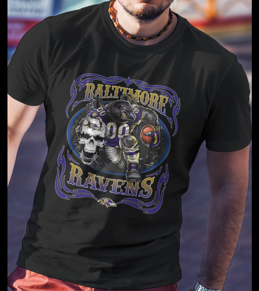 Baltimore Ravens Fierce Skull And Raven Player With Football T-Shirt