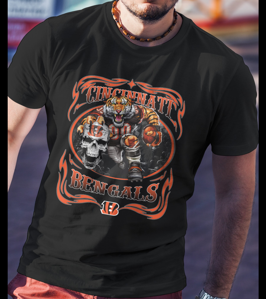 Cincinnati Bengals Tiger With Football And Skull T-Shirt