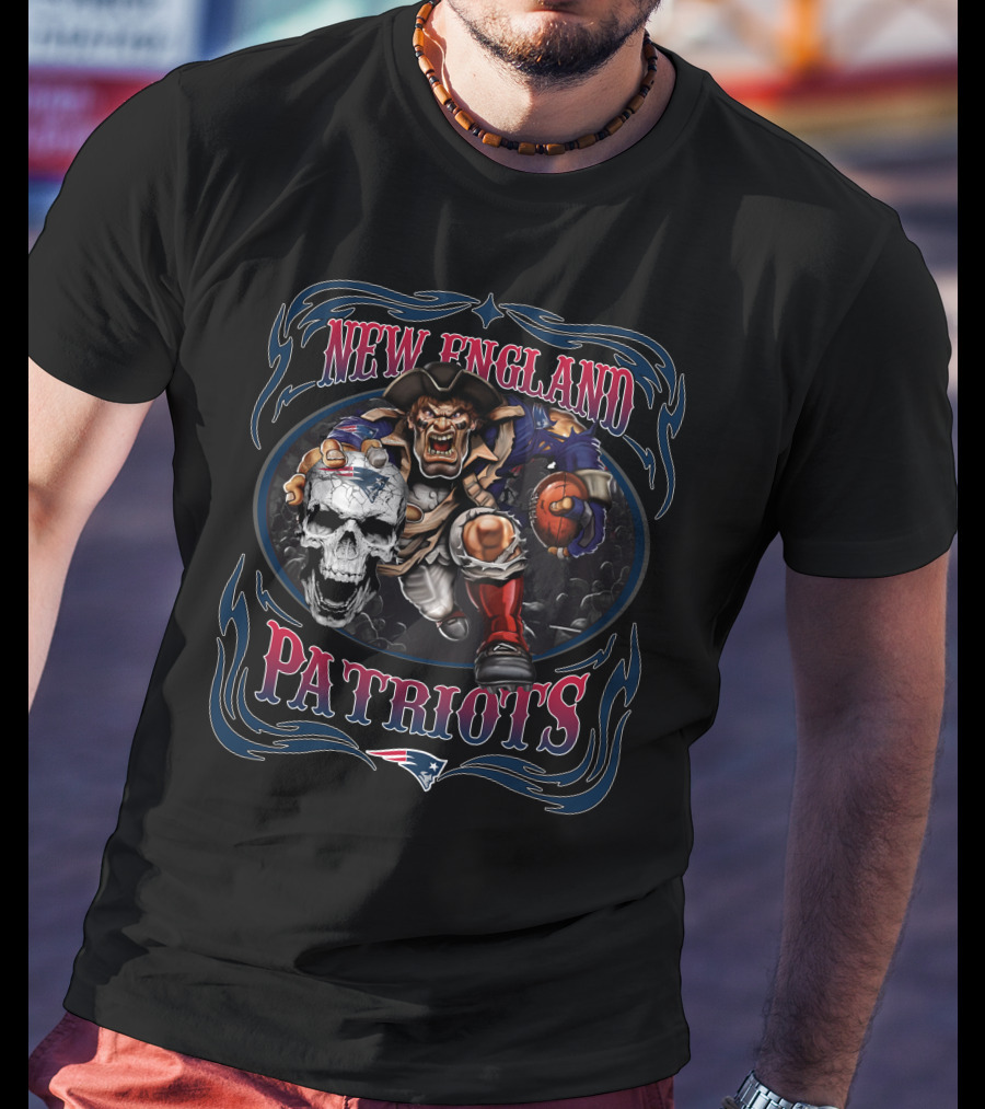 New England Patriots Skull Mascot Holding Football In Blue And Red Frame T-Shirt