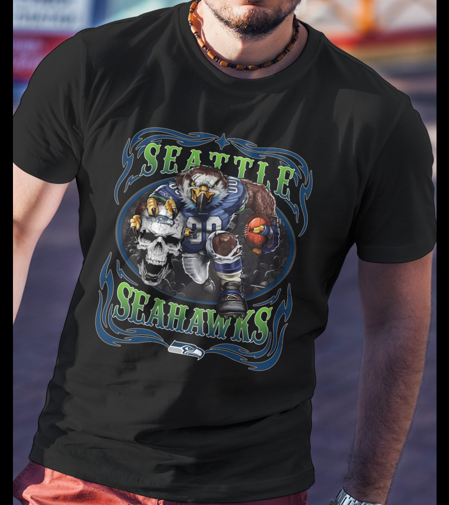 Seattle Seahawks Football Eagle Gridiron Skull On Black T-Shirt