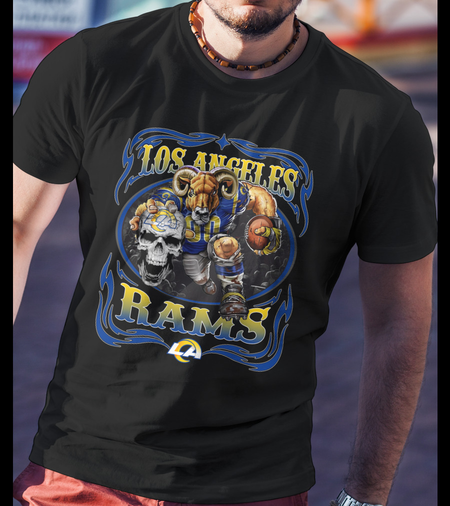 Los Angeles Rams 80 Skull Football Bold Lca Iconic Fierce Warrior T-Shirt