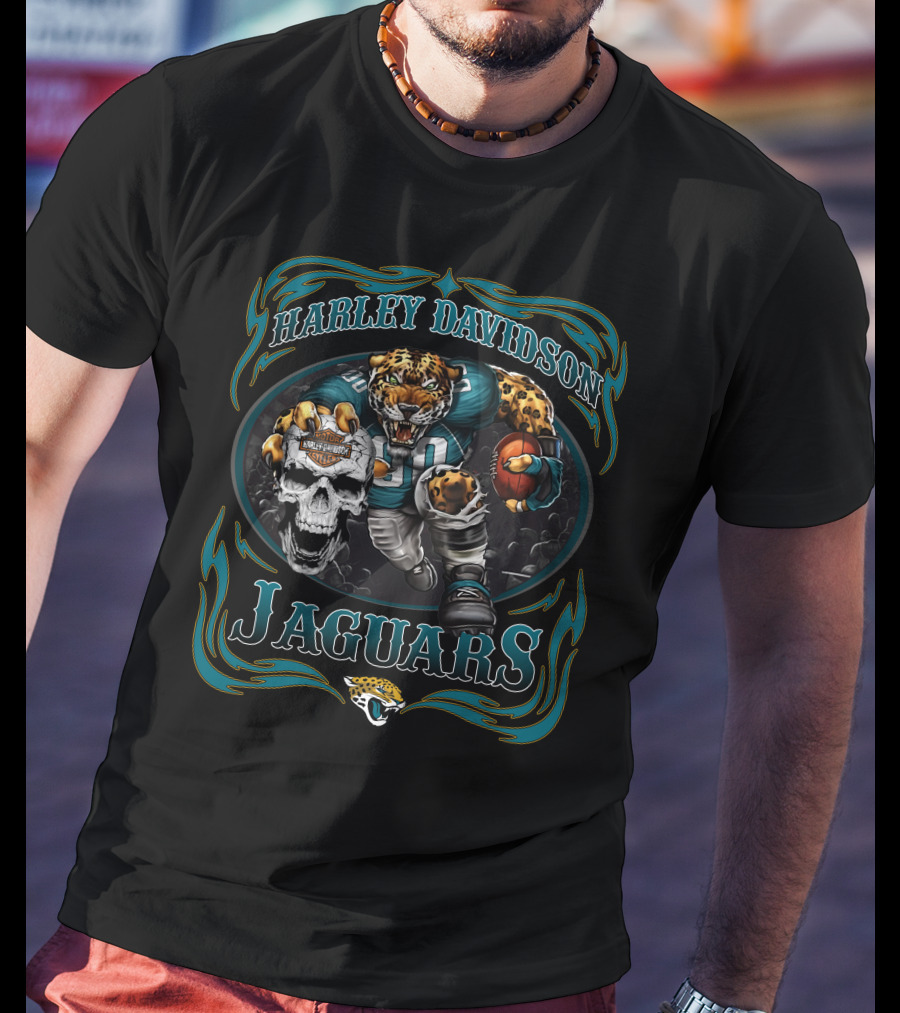 Harley Davidson Jaguars Football Player And Skull T-Shirt