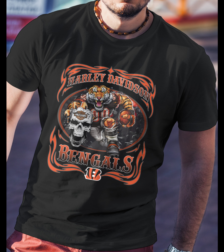 Harley Davidson Bengals 90 Football Tiger And Skull T-Shirt