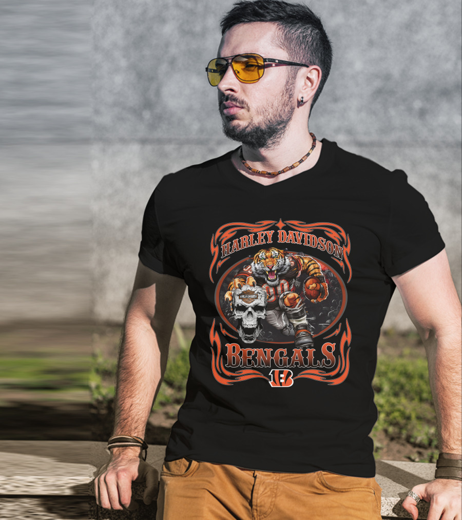 Harley Davidson Bengals 90 Football Tiger And Skull T-Shirt