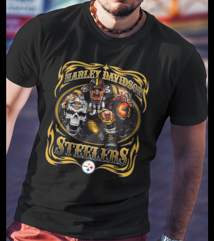 Harley Davidson Pittsburgh Steelers Football Skull Flame T-Shirt