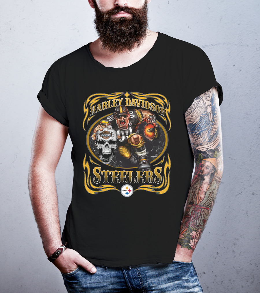 Harley Davidson Pittsburgh Steelers Football Skull Flame T-Shirt