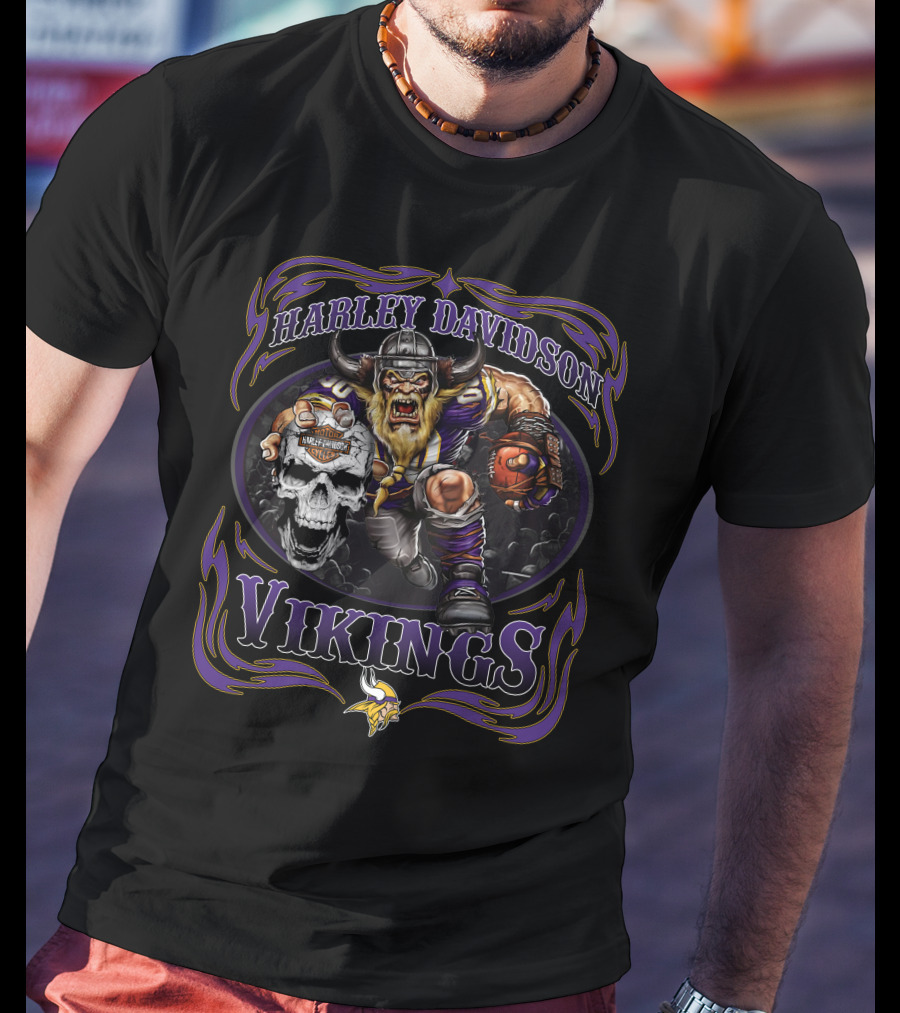 Harley Davidson Vikings Minnesota Football Skull T-Shirt
