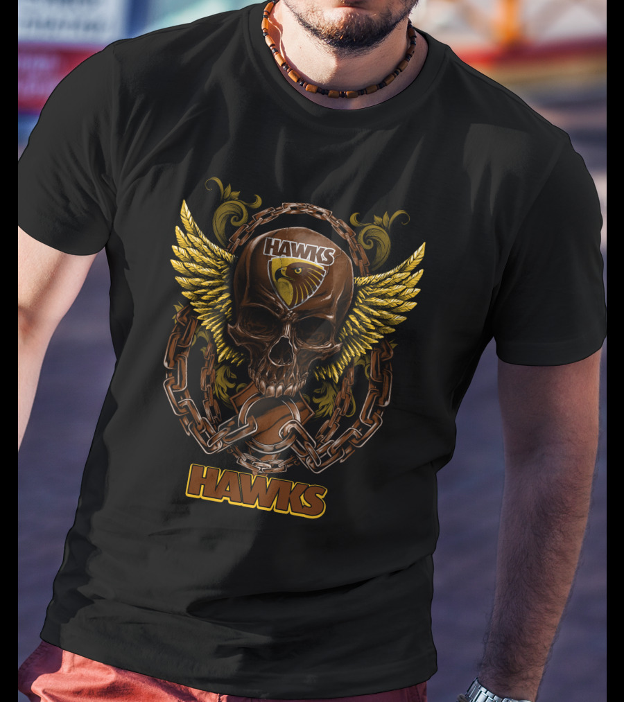 Hawthorn Hawks Skull With Wings And Chains T-Shirt
