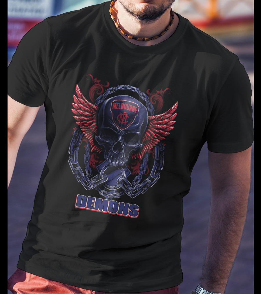 Melbourne Demons Skull With Red Wings And Chain T-Shirt