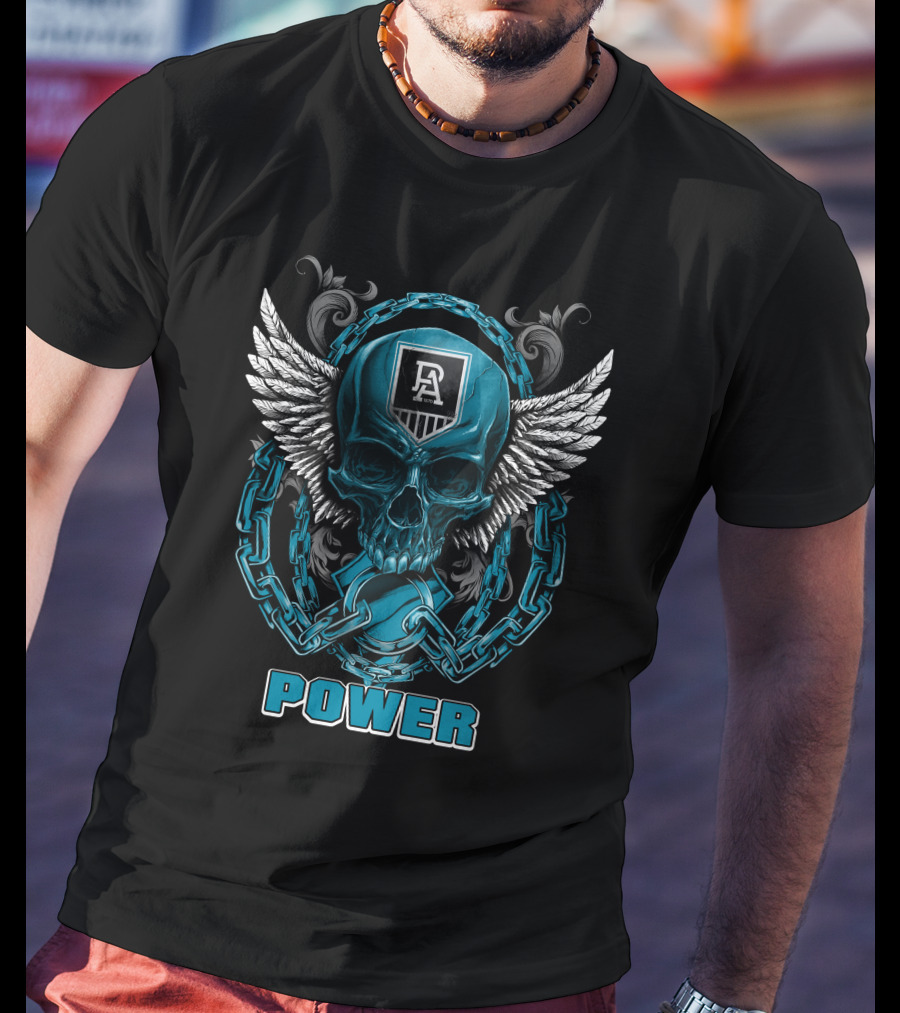 Port Adelaide Power Skull With Chains And Wings T-Shirt
