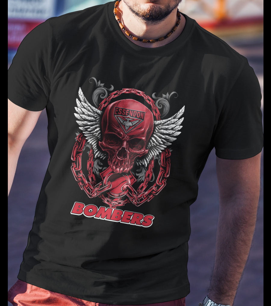 Essendon Bombers Skull With Wings And Chains T-Shirt