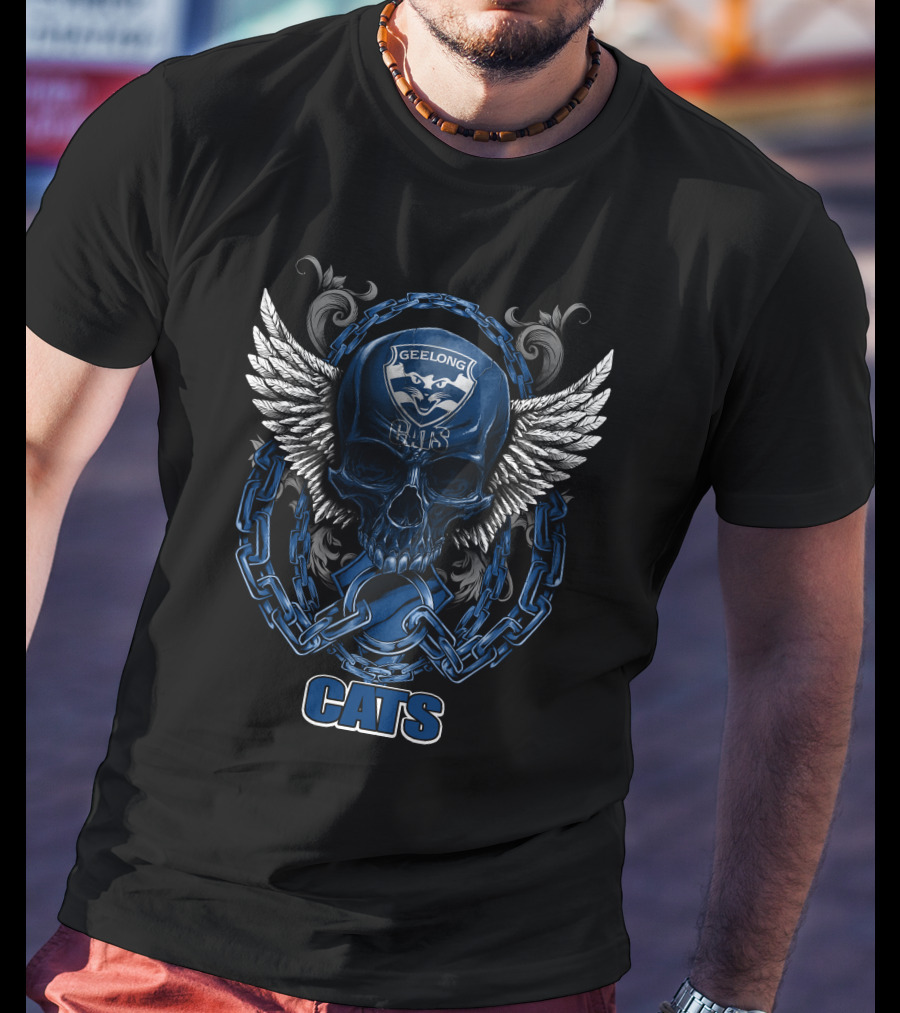 Geelong Cats Skull With Chains And Wings T-Shirt