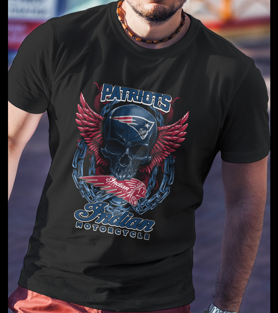 Patriots Skull With Indian Motorcycle Wings And Chains T-Shirt