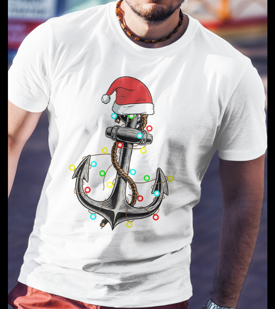 Christmas Lights Santa Hat Anchor Boating Sailing Funny Boat T-Shirt