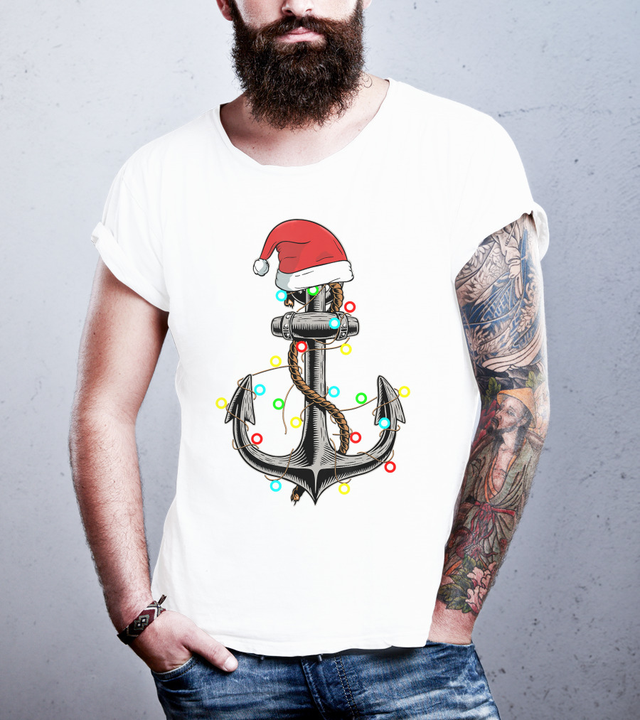 Christmas Lights Santa Hat Anchor Boating Sailing Funny Boat T-Shirt