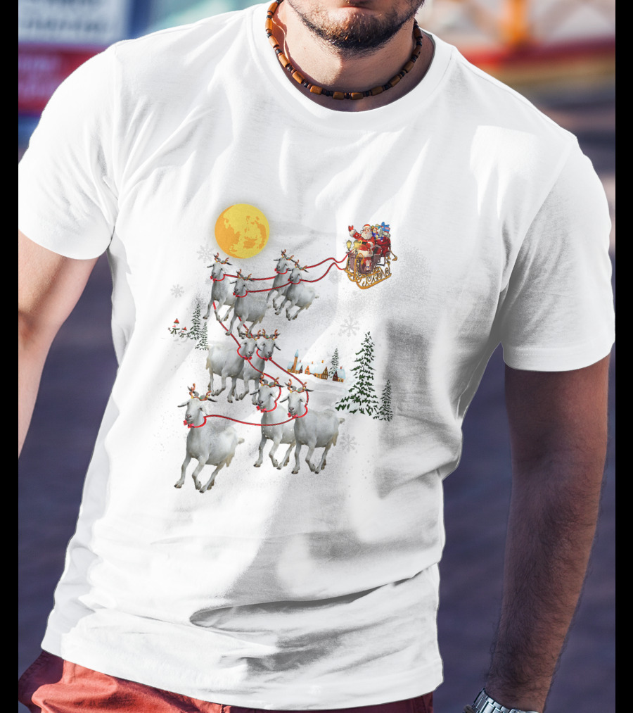 Funny Santa Riding Goat Ugly Christmas Pet Lover Sleigh With Goats And Moon T-Shirt