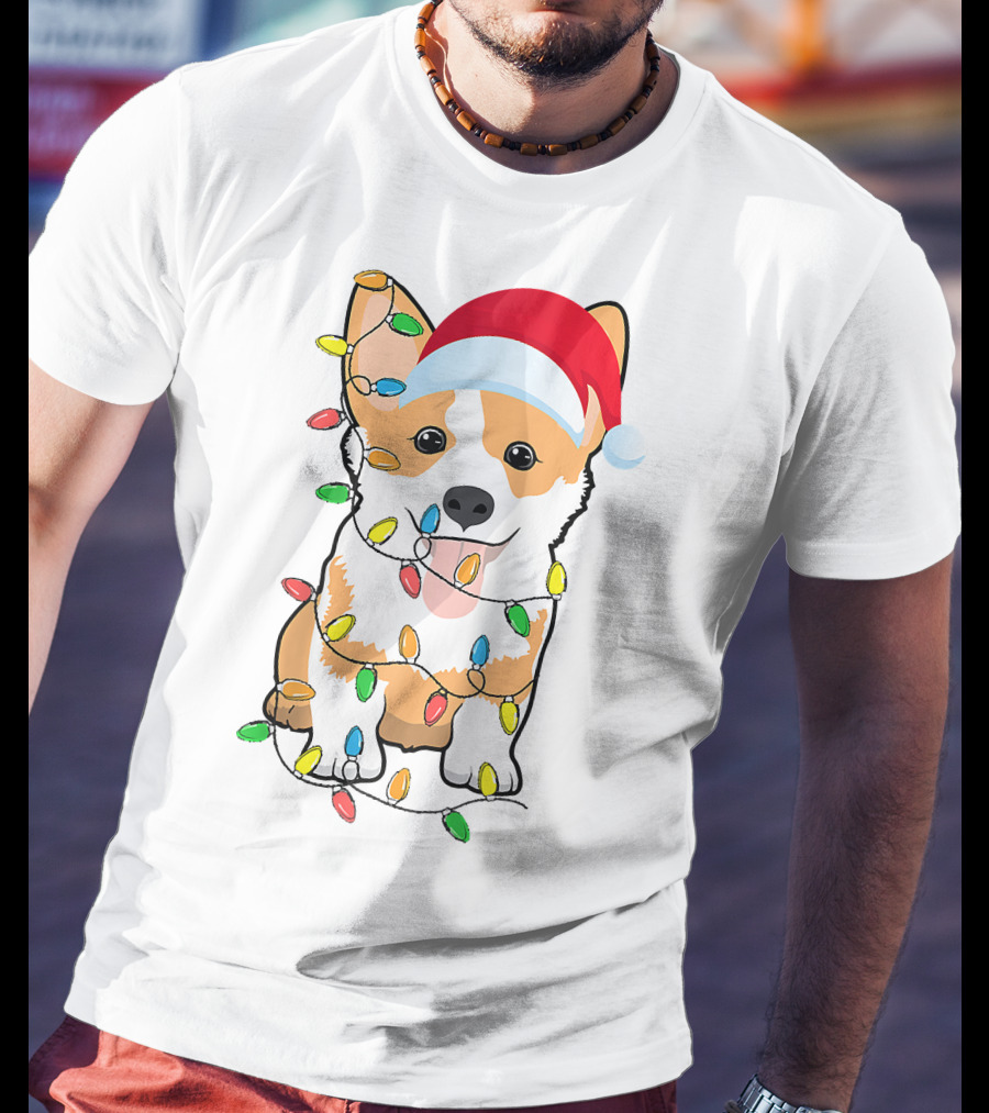 Christmas Corgi Funny Santa Hat Xmas Lights Raglan Baseball T-Shirt