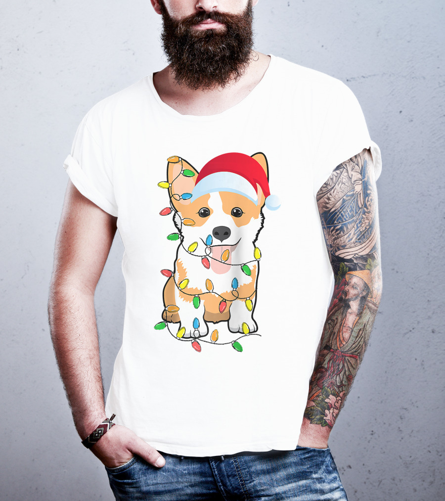 Christmas Corgi Funny Santa Hat Xmas Lights Raglan Baseball T-Shirt