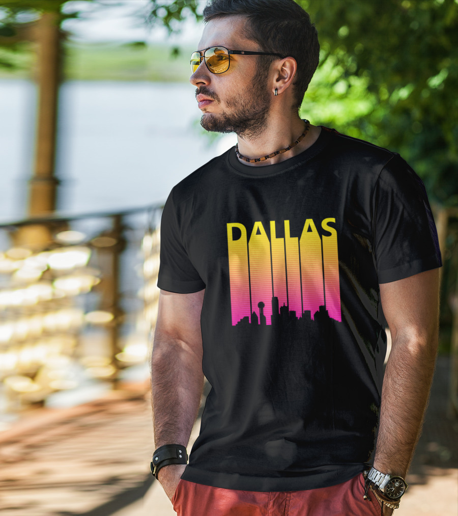 Dallas 1980s Retro Skyline Silhouette In Neon Gradient T-Shirt