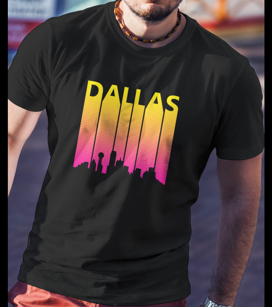 Dallas 1980s Retro Skyline Silhouette In Neon Gradient T-Shirt