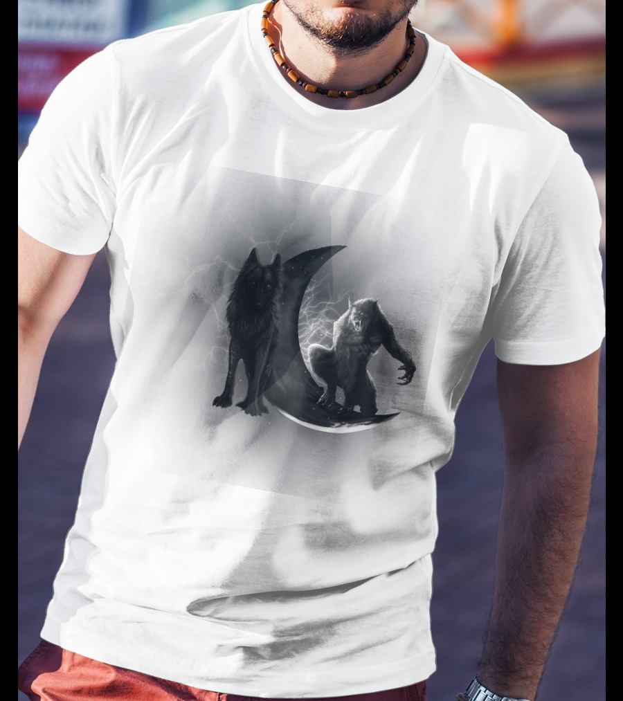 300219 Wolf And Werewolf On Crescent Moon With Lightning T-Shirt