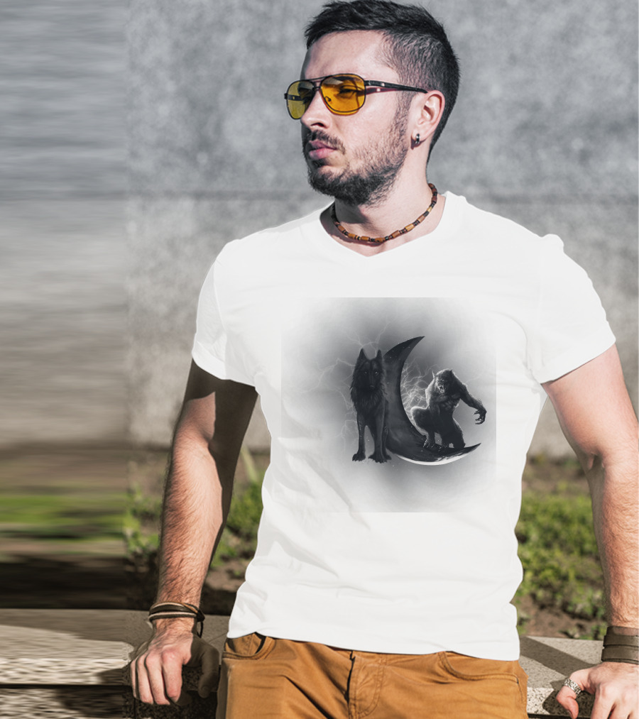 300219 Wolf And Werewolf On Crescent Moon With Lightning T-Shirt