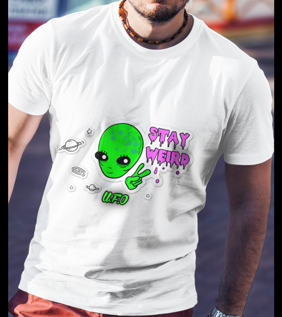 Stay Weird U.F.O. Alien Peace Sign Planet Stickers T-Shirt