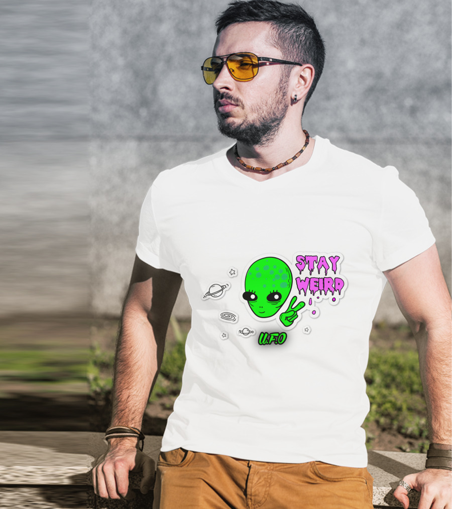 Stay Weird U.F.O. Alien Peace Sign Planet Stickers T-Shirt
