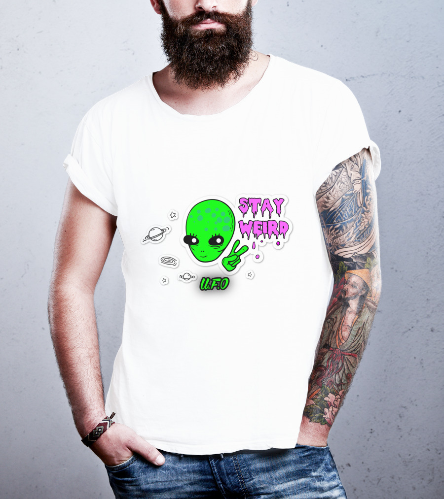 Stay Weird U.F.O. Alien Peace Sign Planet Stickers T-Shirt