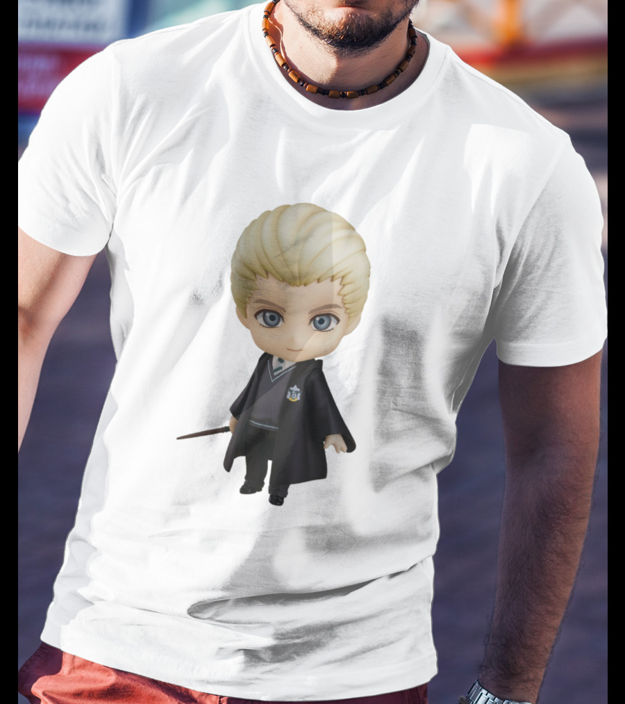Draco Malfoy Chibi Character In Black Cloak Displaying Wand T-Shirt
